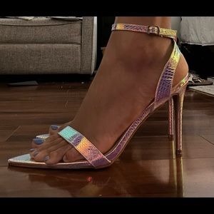 Iridescent Pink hot tomato size 13w ankle strap heels